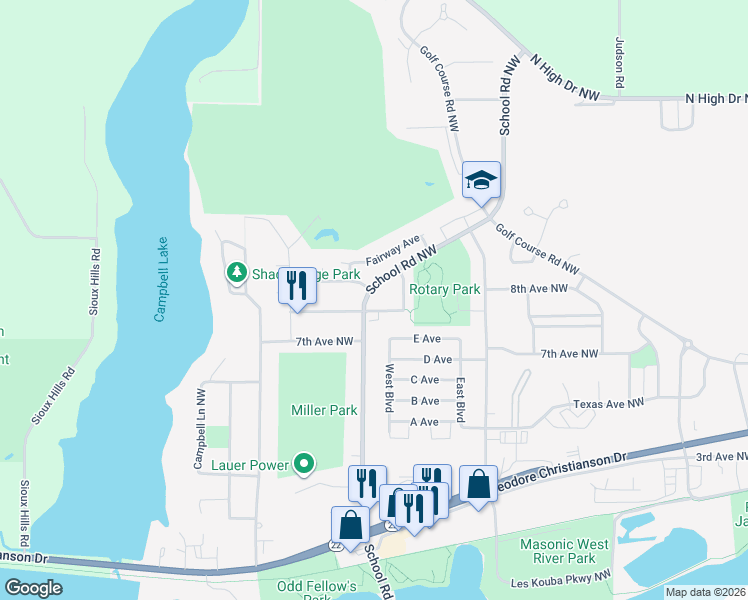 map of restaurants, bars, coffee shops, grocery stores, and more near 1165 School Road Northwest in Hutchinson