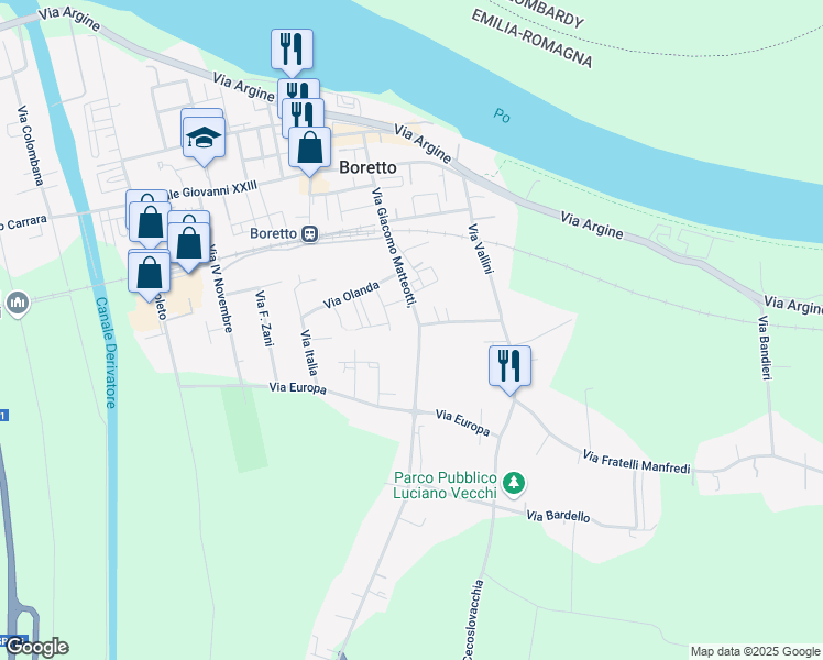map of restaurants, bars, coffee shops, grocery stores, and more near 5 Via Spagna in Boretto
