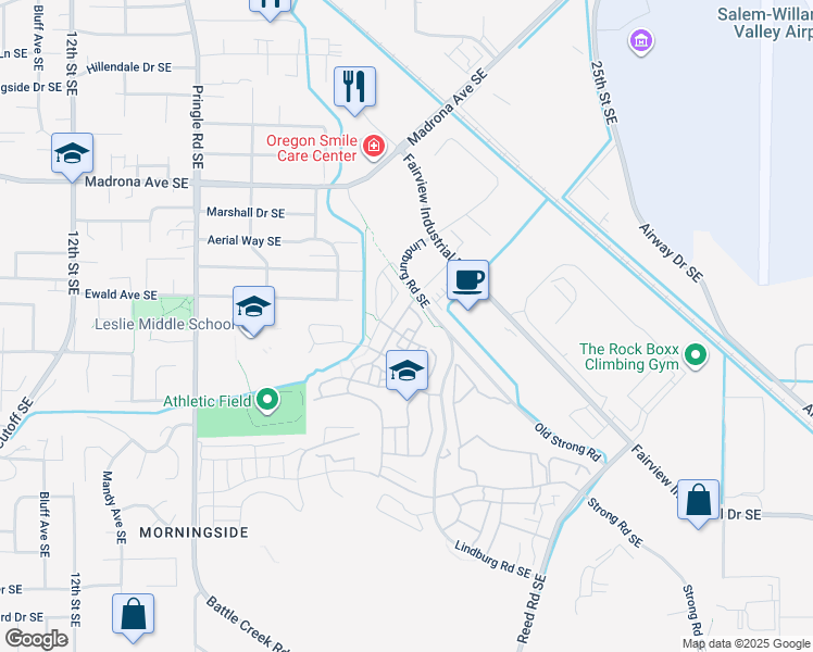 map of restaurants, bars, coffee shops, grocery stores, and more near 3772 Village Center Drive Southeast in Salem