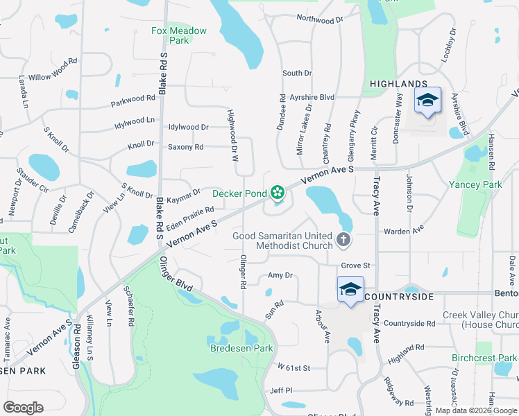 map of restaurants, bars, coffee shops, grocery stores, and more near 5833 Vernon Lane in Minneapolis