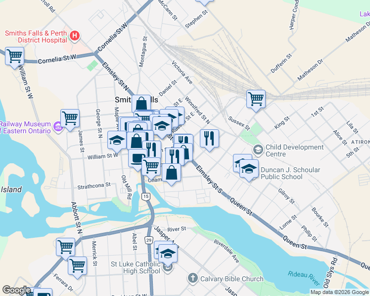 map of restaurants, bars, coffee shops, grocery stores, and more near 15 Elmsley Street North in Smiths Falls