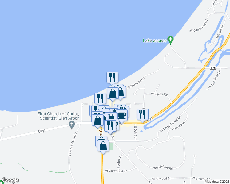map of restaurants, bars, coffee shops, grocery stores, and more near 5705 South Lake Street in Glen Arbor
