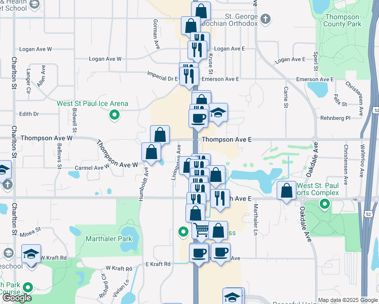 map of restaurants, bars, coffee shops, grocery stores, and more near 1503 South Robert Street in West Saint Paul