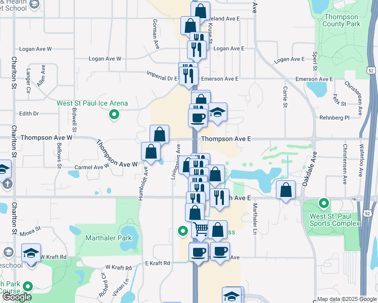 map of restaurants, bars, coffee shops, grocery stores, and more near 1503 South Robert Street in West Saint Paul