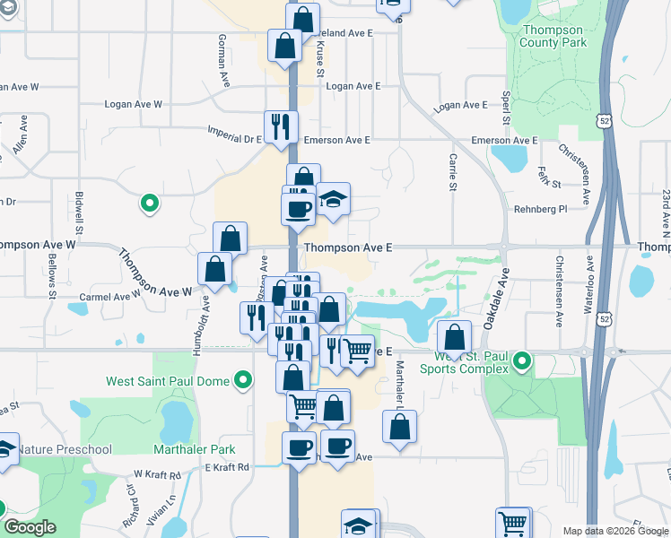 map of restaurants, bars, coffee shops, grocery stores, and more near 150 Thompson Avenue East in Saint Paul