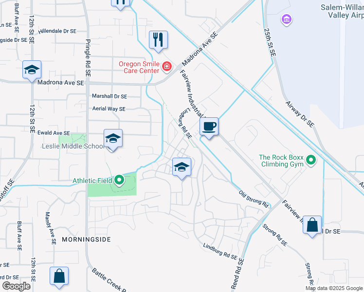 map of restaurants, bars, coffee shops, grocery stores, and more near 3771 Village Center Drive Southeast in Salem