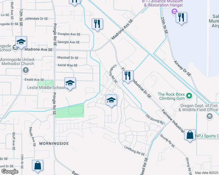 map of restaurants, bars, coffee shops, grocery stores, and more near 3771 Village Center Drive Southeast in Salem