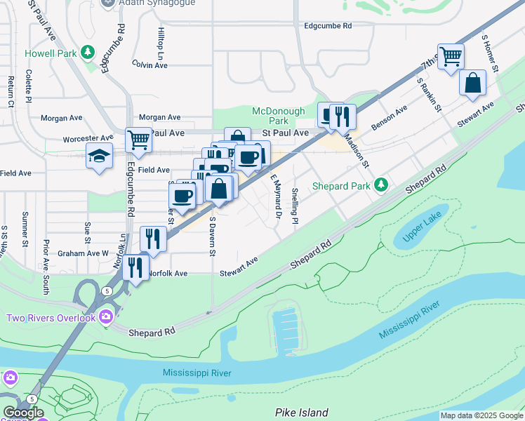 map of restaurants, bars, coffee shops, grocery stores, and more near 1338 West Maynard Drive in Saint Paul