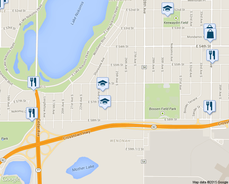 map of restaurants, bars, coffee shops, grocery stores, and more near 5621 24th Avenue South in Minneapolis