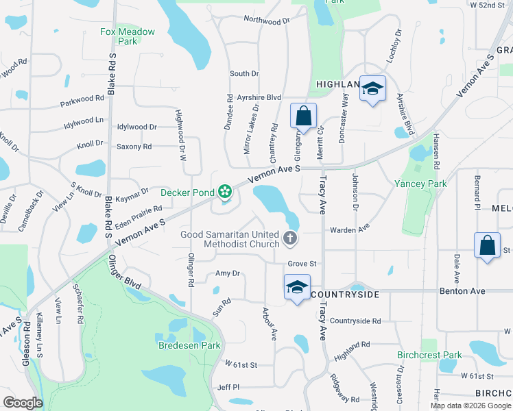 map of restaurants, bars, coffee shops, grocery stores, and more near 5617 Wycliffe Road in Minneapolis