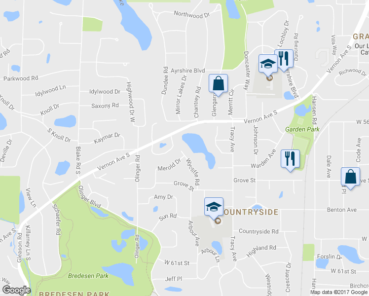 map of restaurants, bars, coffee shops, grocery stores, and more near 5617 Wycliffe Road in Minneapolis