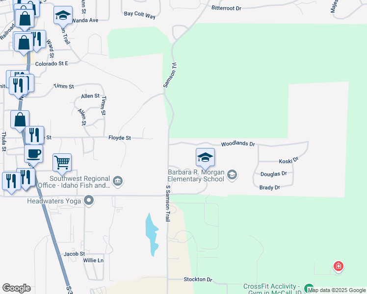 map of restaurants, bars, coffee shops, grocery stores, and more near 609 Woodlands Drive in McCall