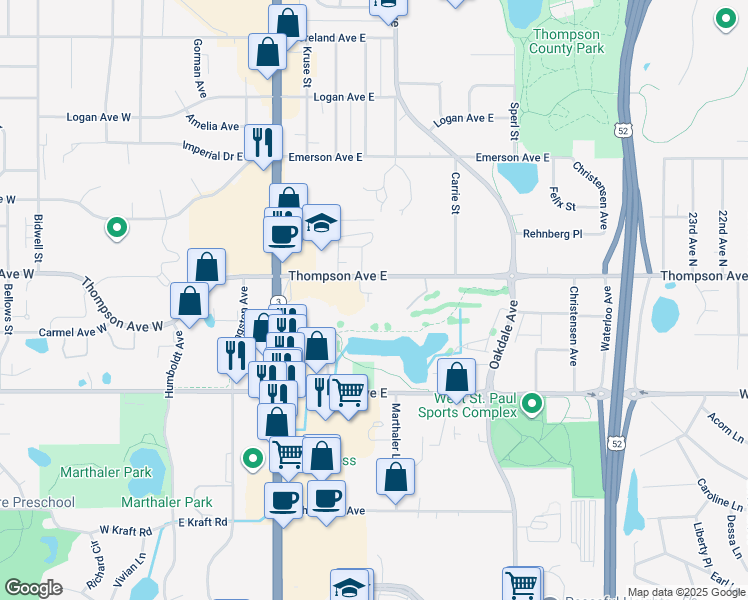 map of restaurants, bars, coffee shops, grocery stores, and more near 202 Thompson Avenue East in Saint Paul