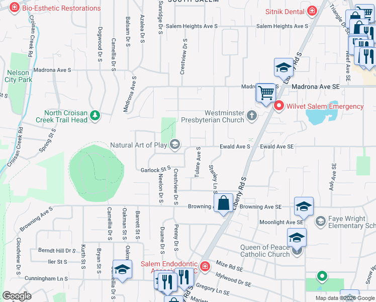 map of restaurants, bars, coffee shops, grocery stores, and more near 3810 Crestview Drive South in Salem