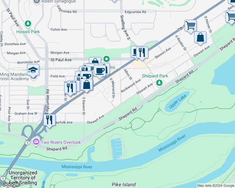 map of restaurants, bars, coffee shops, grocery stores, and more near 162 Snelling Place in Saint Paul