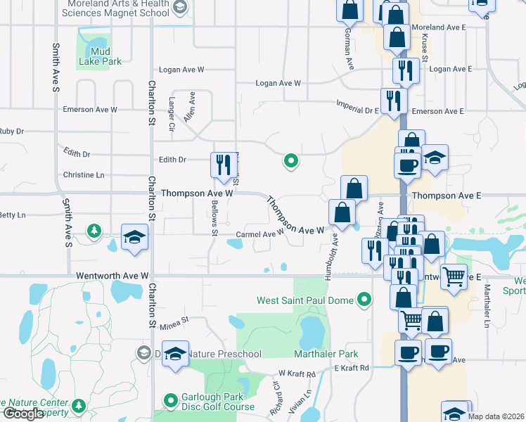 map of restaurants, bars, coffee shops, grocery stores, and more near 100 Thompson Avenue West in West Saint Paul