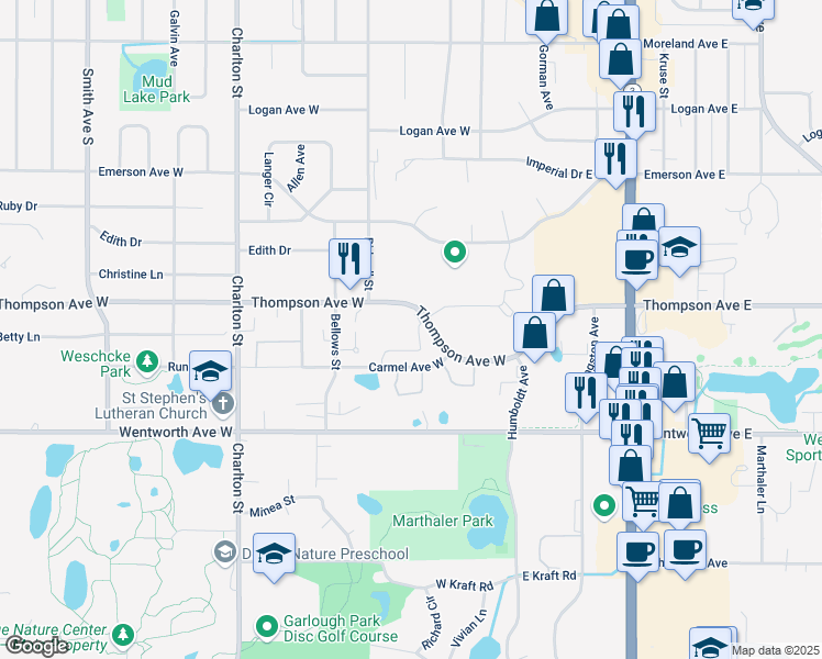 map of restaurants, bars, coffee shops, grocery stores, and more near 100 Thompson Avenue West in West Saint Paul