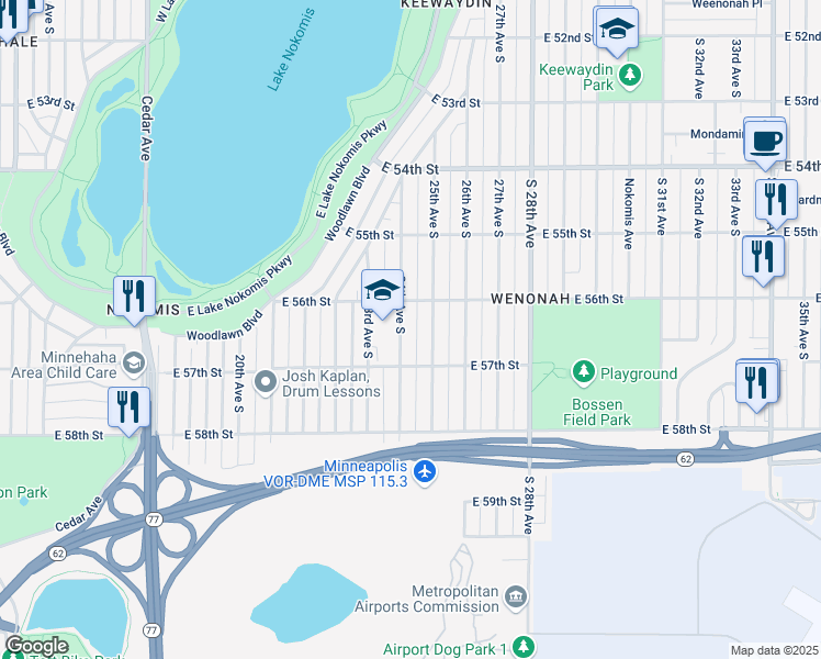 map of restaurants, bars, coffee shops, grocery stores, and more near 5621 24th Avenue South in Minneapolis