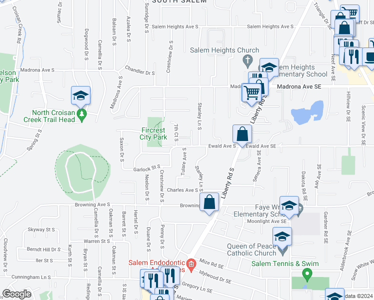 map of restaurants, bars, coffee shops, grocery stores, and more near 3810 Tulare Avenue South in Salem