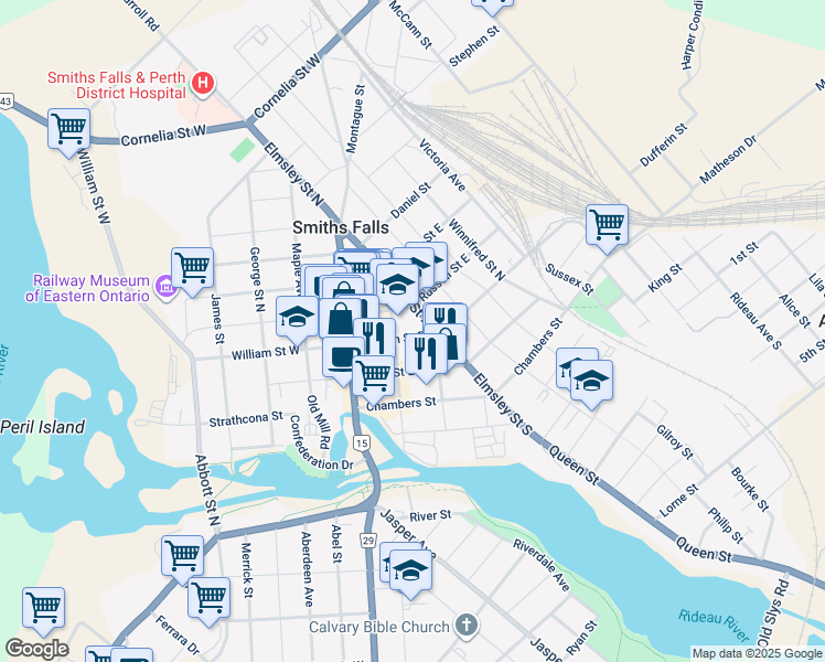 map of restaurants, bars, coffee shops, grocery stores, and more near 34 William Street East in Smiths Falls