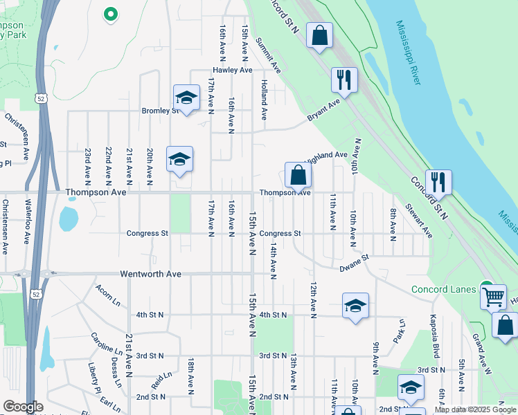 map of restaurants, bars, coffee shops, grocery stores, and more near 640 15th Avenue North in South Saint Paul
