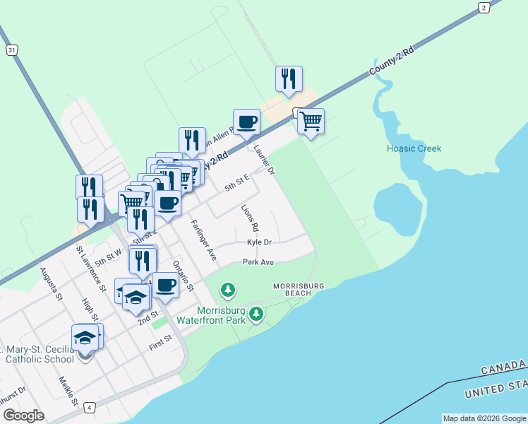 map of restaurants, bars, coffee shops, grocery stores, and more near 22 Casselman Road in Morrisburg