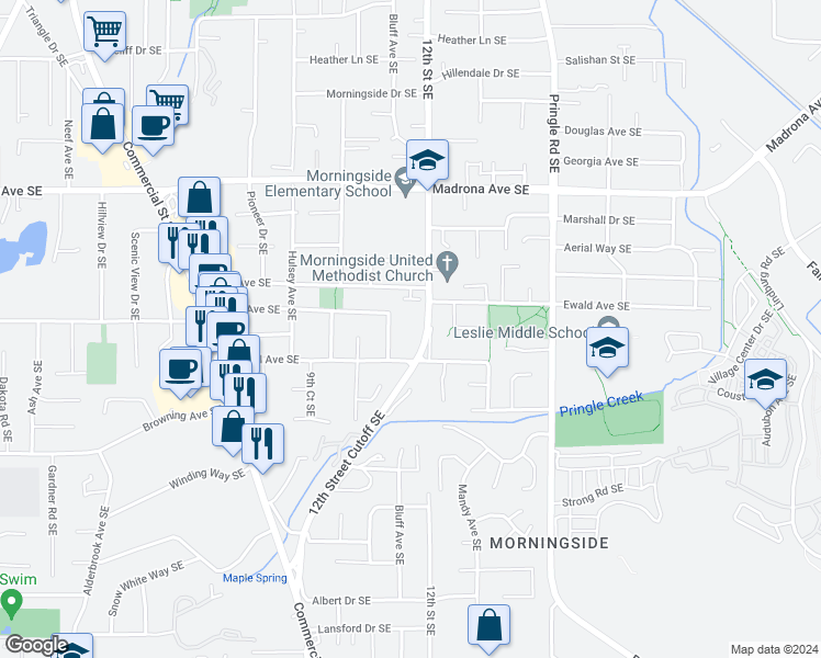 map of restaurants, bars, coffee shops, grocery stores, and more near 3837 12th Street Southeast in Salem