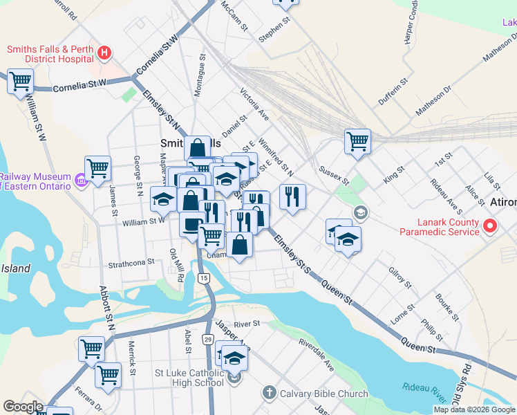 map of restaurants, bars, coffee shops, grocery stores, and more near in Smiths Falls