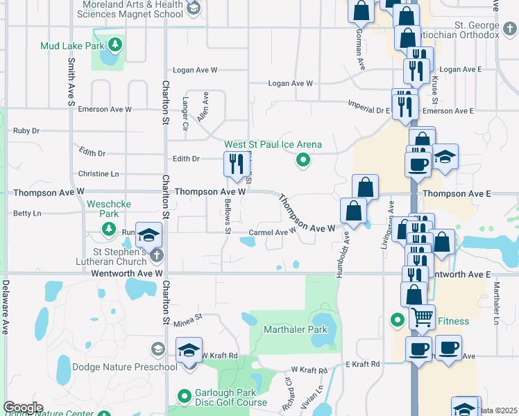map of restaurants, bars, coffee shops, grocery stores, and more near in West Saint Paul