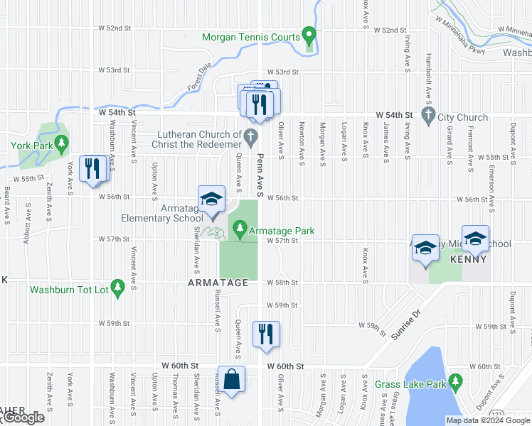 map of restaurants, bars, coffee shops, grocery stores, and more near 5619 Penn Avenue South in Minneapolis