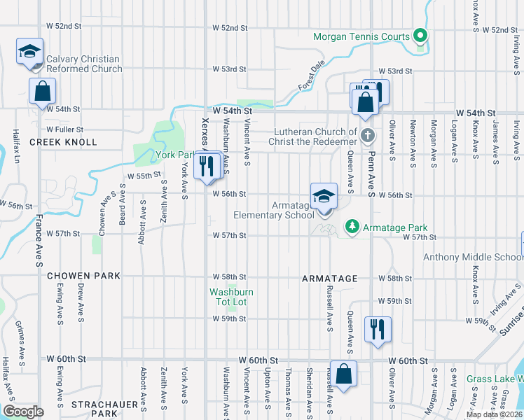 map of restaurants, bars, coffee shops, grocery stores, and more near 5609 Upton Avenue South in Minneapolis