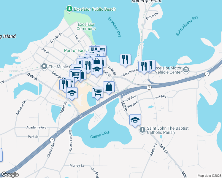 map of restaurants, bars, coffee shops, grocery stores, and more near 271 Morse Avenue in Excelsior