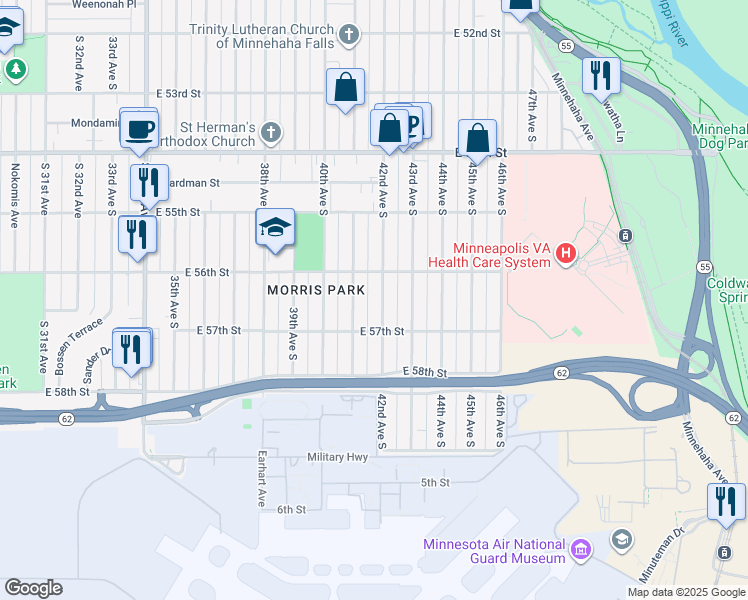 map of restaurants, bars, coffee shops, grocery stores, and more near 5620 42nd Avenue South in Minneapolis