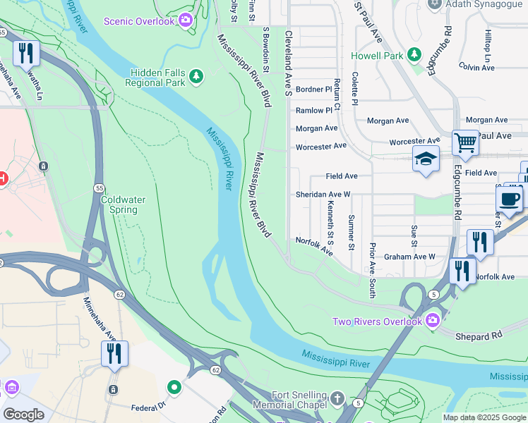 map of restaurants, bars, coffee shops, grocery stores, and more near 1638 Mississippi River Boulevard South in Saint Paul
