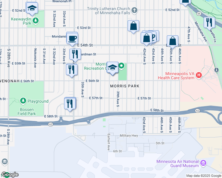 map of restaurants, bars, coffee shops, grocery stores, and more near 5625 38th Avenue South in Minneapolis