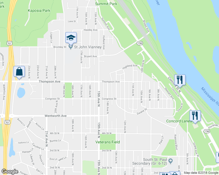 map of restaurants, bars, coffee shops, grocery stores, and more near 640 14th Avenue North in South Saint Paul