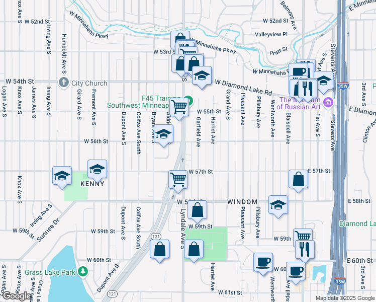 map of restaurants, bars, coffee shops, grocery stores, and more near 5615 Lyndale Avenue South in Minneapolis