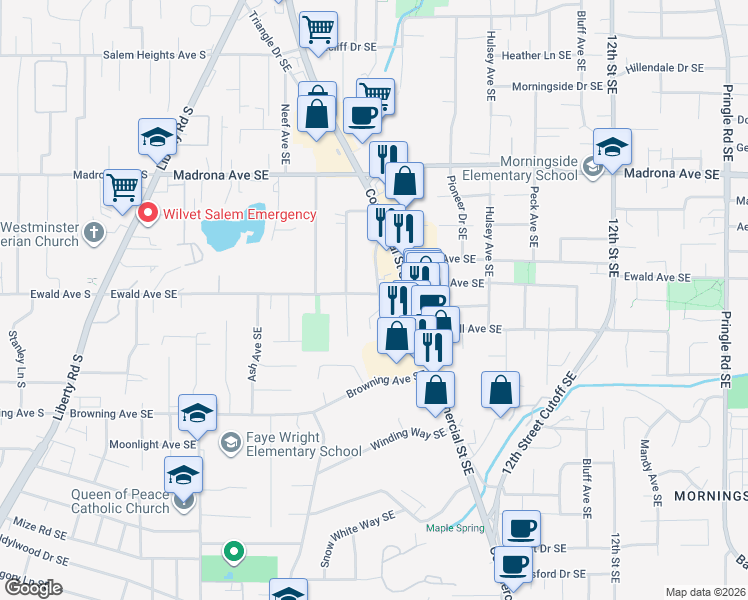 map of restaurants, bars, coffee shops, grocery stores, and more near 690 Ewald Avenue Southeast in Salem