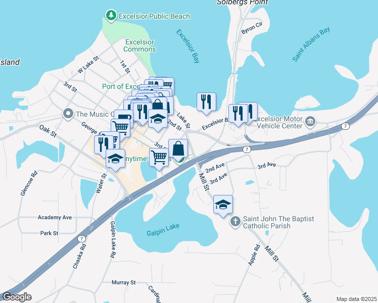 map of restaurants, bars, coffee shops, grocery stores, and more near 260 Mill Street in Excelsior