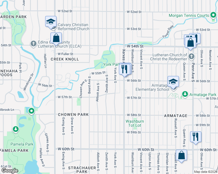 map of restaurants, bars, coffee shops, grocery stores, and more near 5617 Zenith Avenue South in Minneapolis