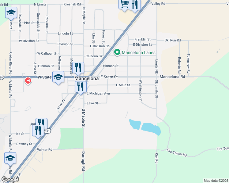 map of restaurants, bars, coffee shops, grocery stores, and more near 201 East Michigan Avenue in Mancelona