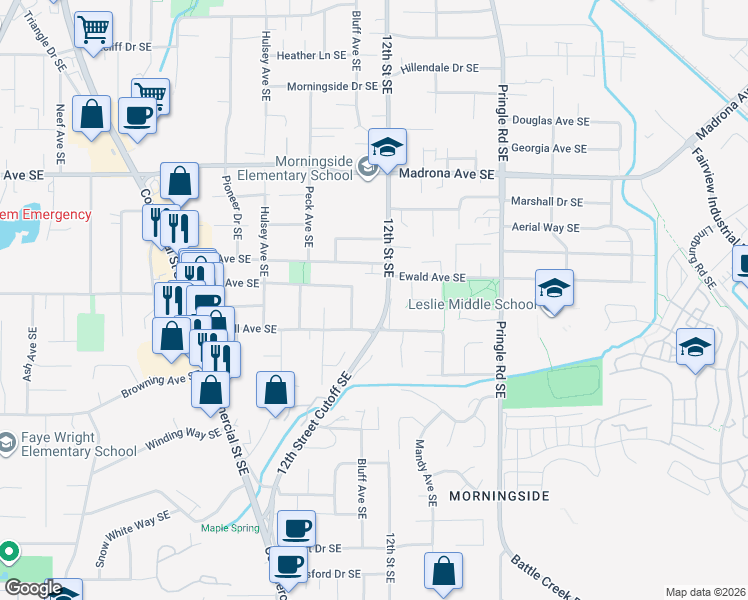 map of restaurants, bars, coffee shops, grocery stores, and more near 3837 12th Street Southeast in Salem