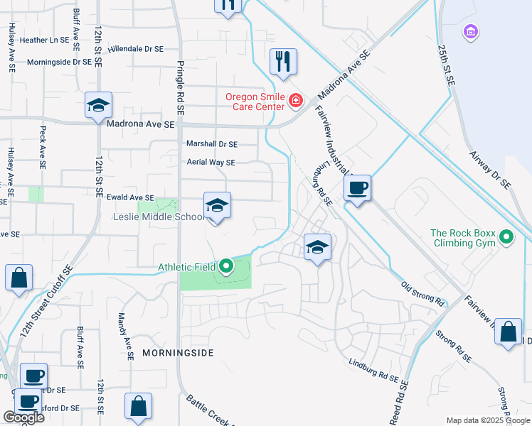 map of restaurants, bars, coffee shops, grocery stores, and more near 1755 John Muir Circle Southeast in Salem