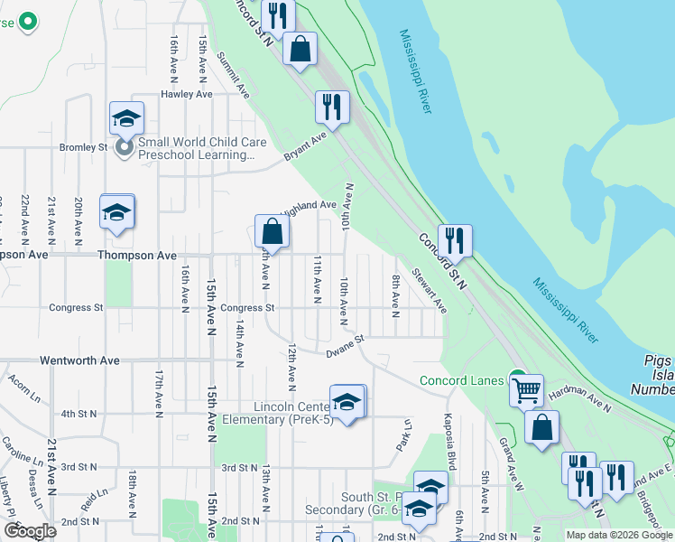 map of restaurants, bars, coffee shops, grocery stores, and more near 641 10th Avenue North in South Saint Paul