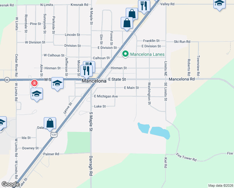 map of restaurants, bars, coffee shops, grocery stores, and more near 201 East Michigan Avenue in Mancelona