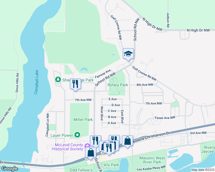 map of restaurants, bars, coffee shops, grocery stores, and more near 721 Arizona Street Northwest in Hutchinson