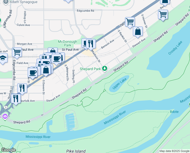 map of restaurants, bars, coffee shops, grocery stores, and more near 2353 Youngman Avenue West in Saint Paul