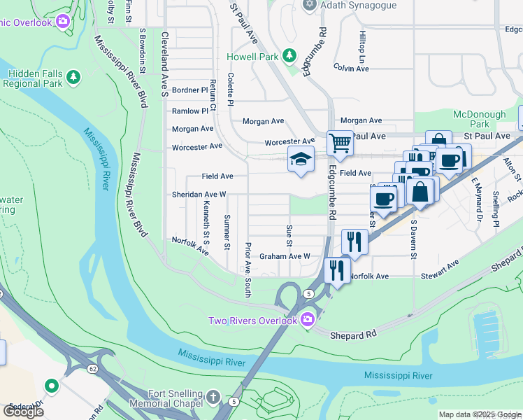 map of restaurants, bars, coffee shops, grocery stores, and more near 1923 Wordsworth Avenue West in Saint Paul