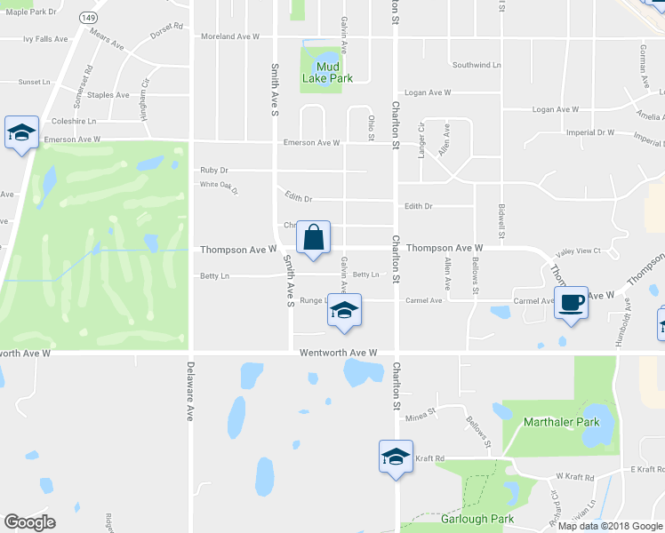 map of restaurants, bars, coffee shops, grocery stores, and more near 331 Betty Lane in Saint Paul