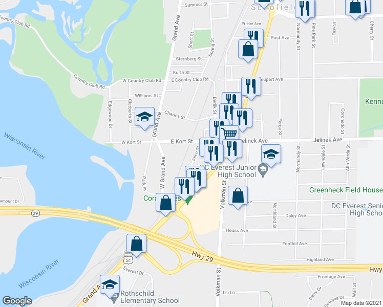 map of restaurants, bars, coffee shops, grocery stores, and more near 1120 Alice St in Rothschild
